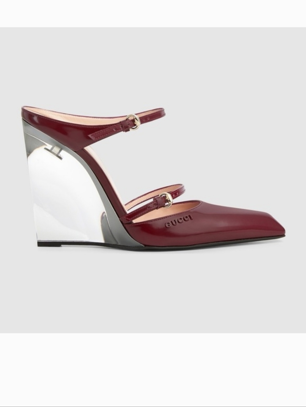 Gucci Burgundy Patent Leather Dual-Strap Wedge with Mirrored Heel